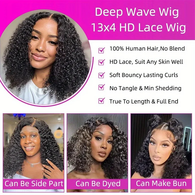 200% Density Curly Short Bob Wig Deep Wave Human Hair Bob Wigs 13x4 Lace Frontal 4x4 Lace Closure Wig Deep Curly Short Bob Wigs - Image 6