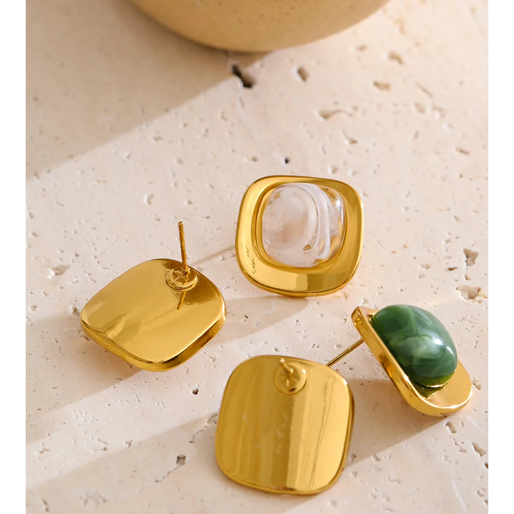 White & Green Resin Square Stud Earrings, 18K Gold PVD Plated Stainless Steel - Image 6