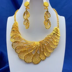 African Big Necklace Earrings Jewelry Set For Women 24K Gold Plated
