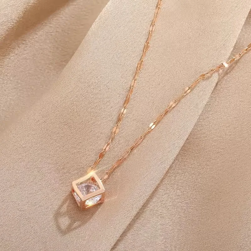 Crystal Inside Hollow Square Stainless Steel Necklace For Women - Image 4
