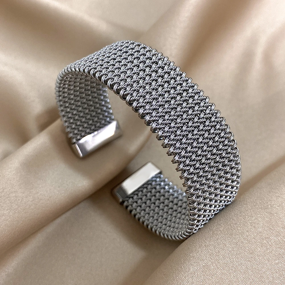 Stainless Steel Braided Mesh Open Bracelet Classic Cuff Waterproof Jewelry - Image 5