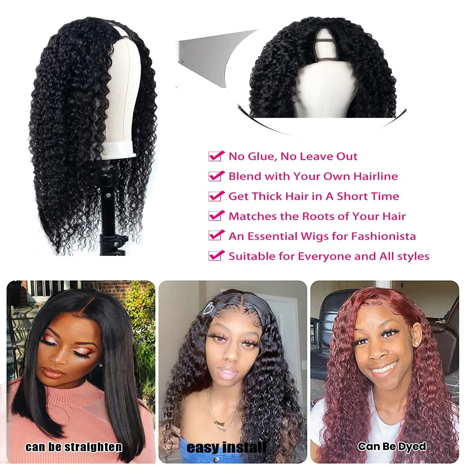 Kinky Curly U V Part Wig Human Hair No Leave Out No Glue Brazilian Deep Curly Wave U Part Human Hair Wig for Women 180% Density - Image 4