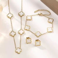 Alternative view of Fashionable Minimalist Stainless Steel Four-Leaf Clover Pearl Necklace, Earrings, and Bracelet Set