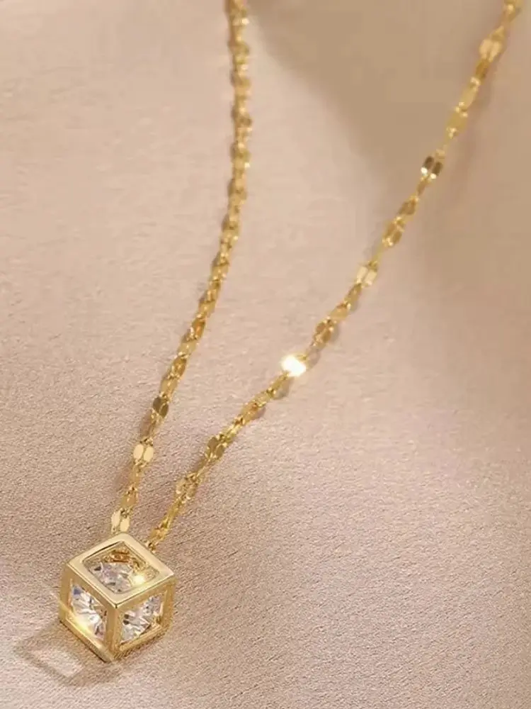 Crystal Inside Hollow Square Stainless Steel Necklace For Women - Image 6