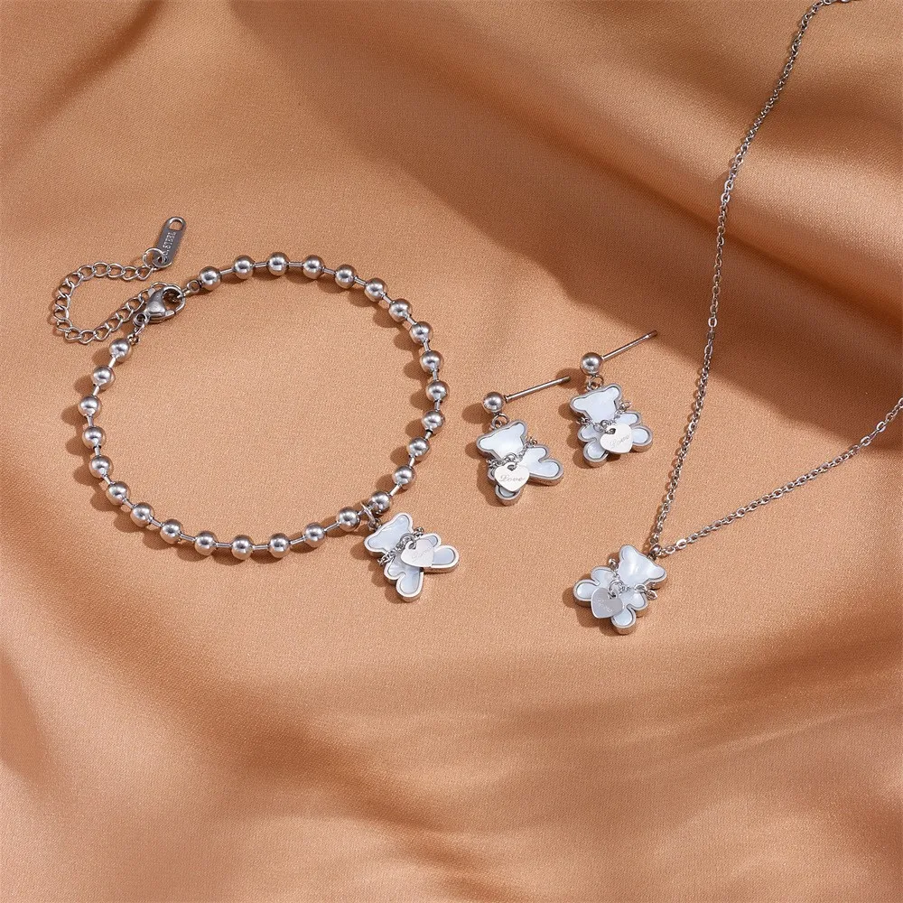 3-Piece Bear Charm Stainless Steel Jewelry Set - Image 4