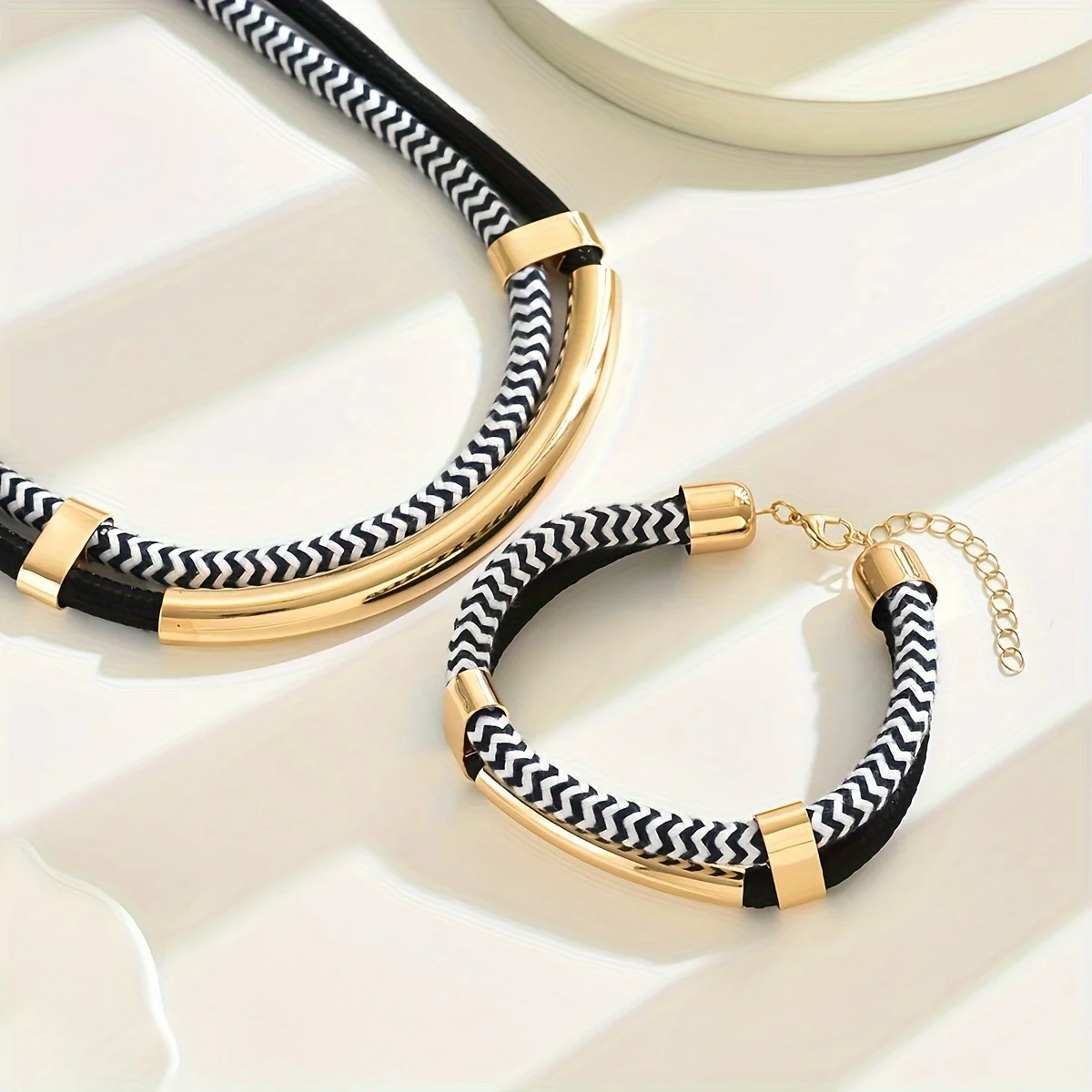 Black & White Double Line Metal Tube Necklace & Bracelet Set (2PCS) - Image 6