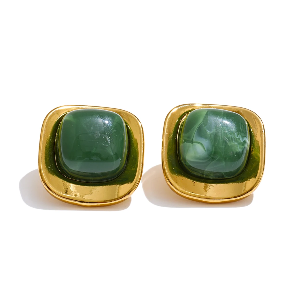 White & Green Resin Square Stud Earrings, 18K Gold PVD Plated Stainless Steel - Image 7