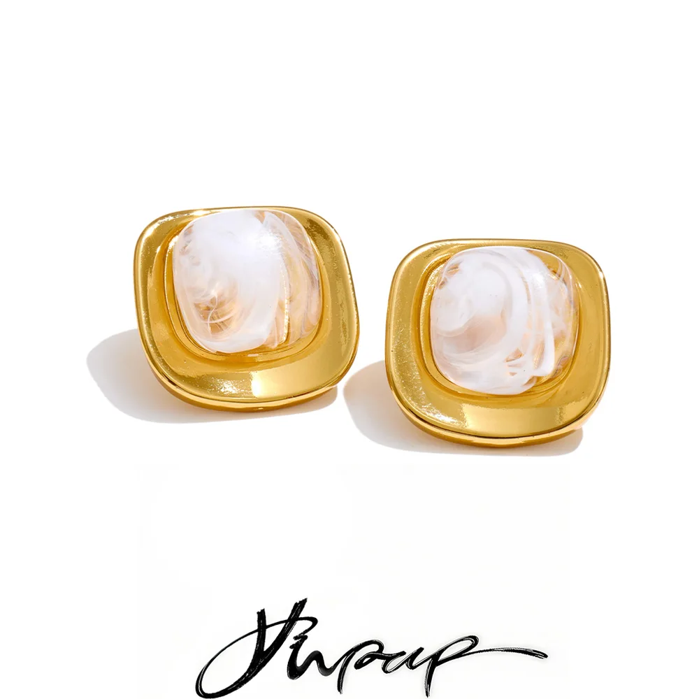 White & Green Resin Square Stud Earrings, 18K Gold PVD Plated Stainless Steel