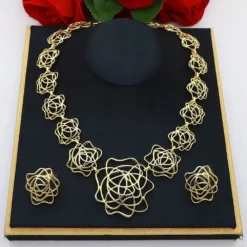 Charming Jewelry Set Luxury Design 18k Gold Plated Hollow Out Flower Shape Necklaces/Earrings
