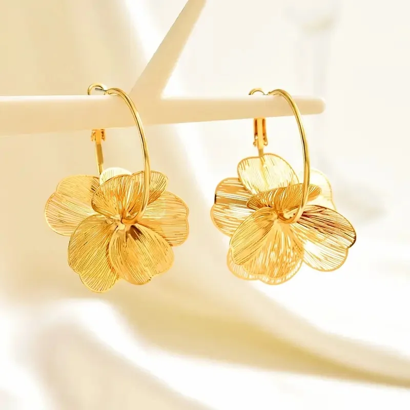 Exaggerate Golden Alloy Flower Big Hoop Earrings - Image 4