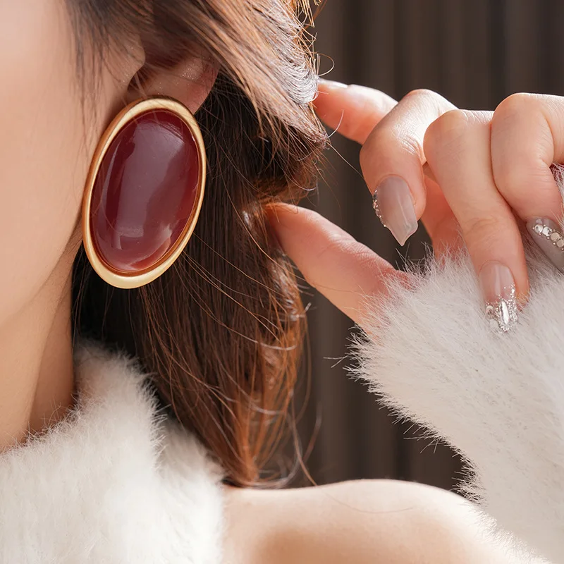 Vintage Red Resin Women's Earrings Stud Earrings Luxury large Geometric Oval earrings - Image 3