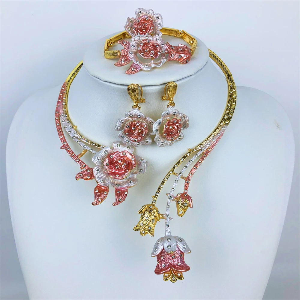Brazil Gold-Plated Jewelry Set – Necklace, Earrings, Ring & Bracelet for Women, Luxury Dubai Style