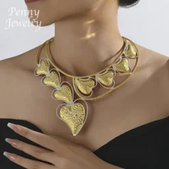 Luxury Heart Shaped Big Choker Gold Plated Jewelry Set
