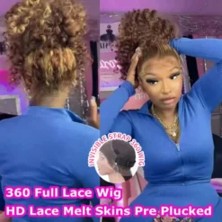 Curly 360 Lace Front Wigs Human Hair Pre Plucked P4/27 Highlight Ombre Deep Wave HD Lace Frontal Human Hair Wig With Drawstring