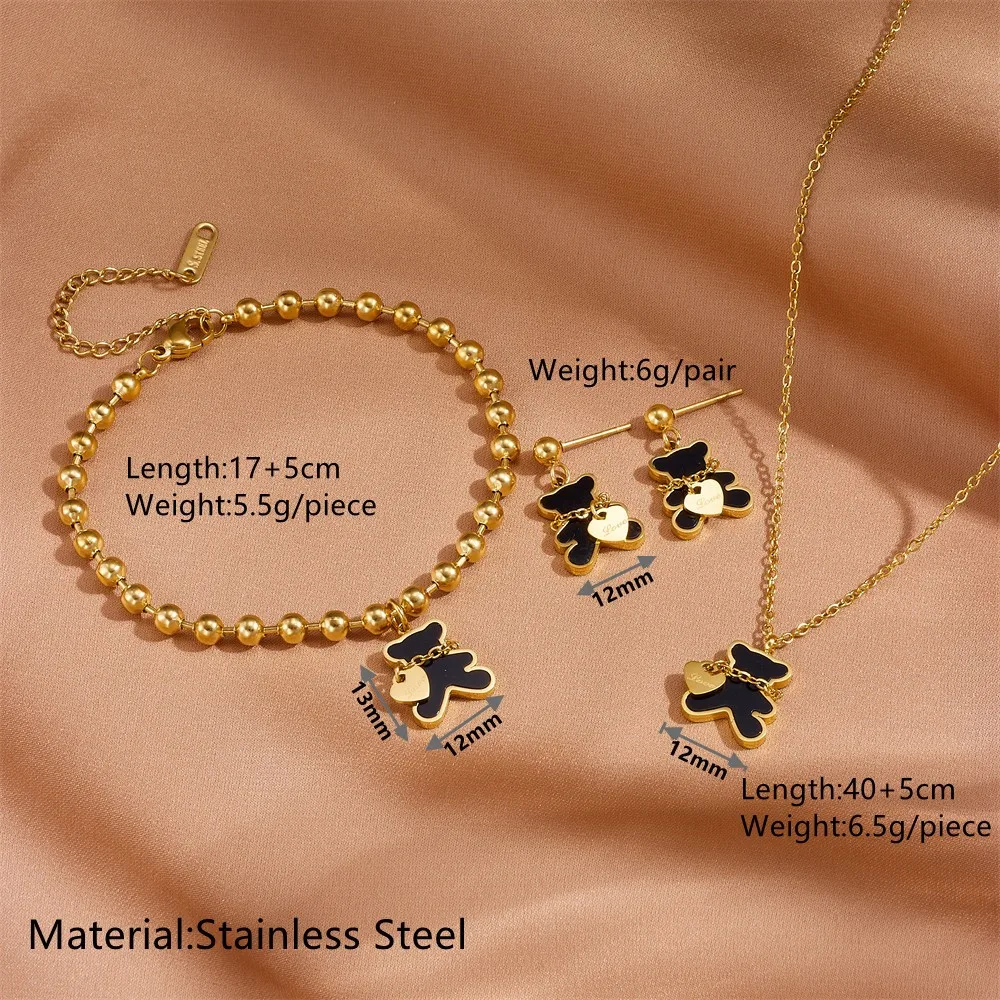 3-Piece Bear Charm Stainless Steel Jewelry Set