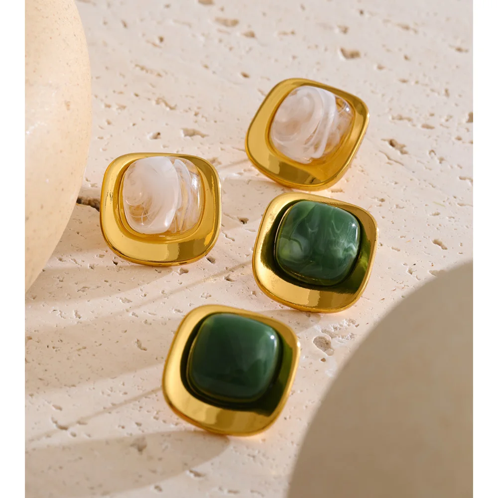 White & Green Resin Square Stud Earrings, 18K Gold PVD Plated Stainless Steel - Image 2