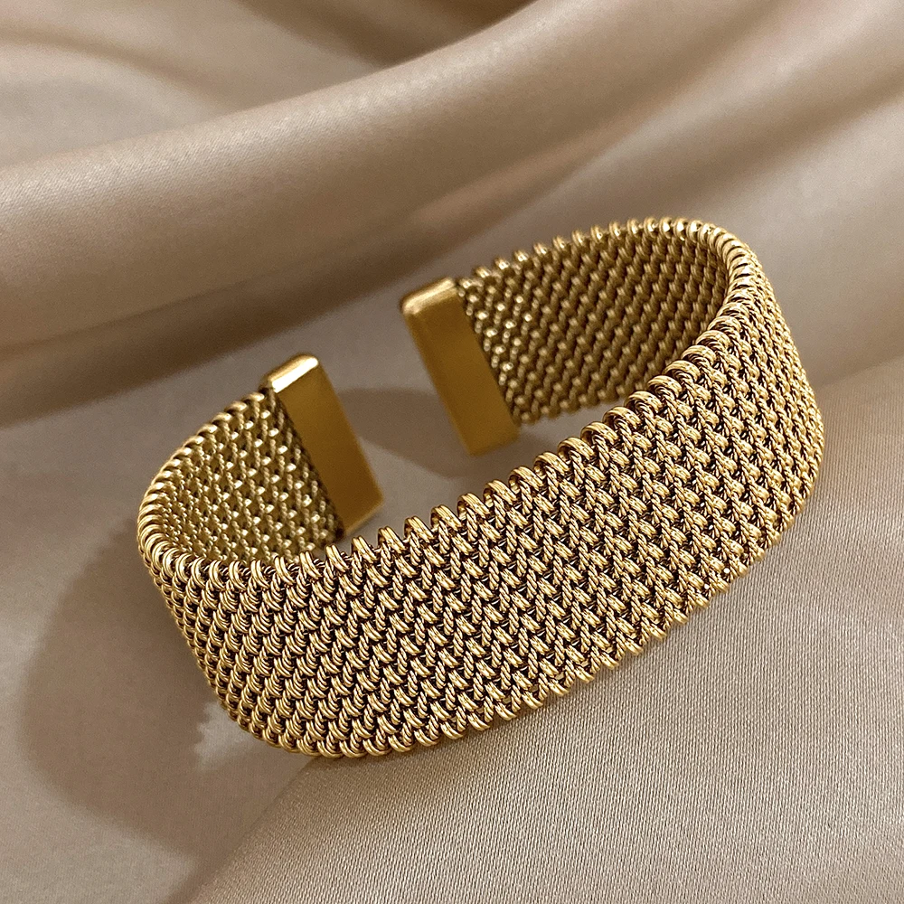Stainless Steel Braided Mesh Open Bracelet Classic Cuff Waterproof Jewelry - Image 3