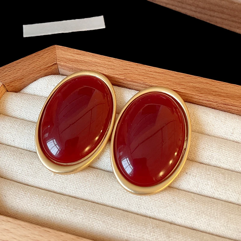 Vintage Red Resin Women's Earrings Stud Earrings Luxury large Geometric Oval earrings - Image 5
