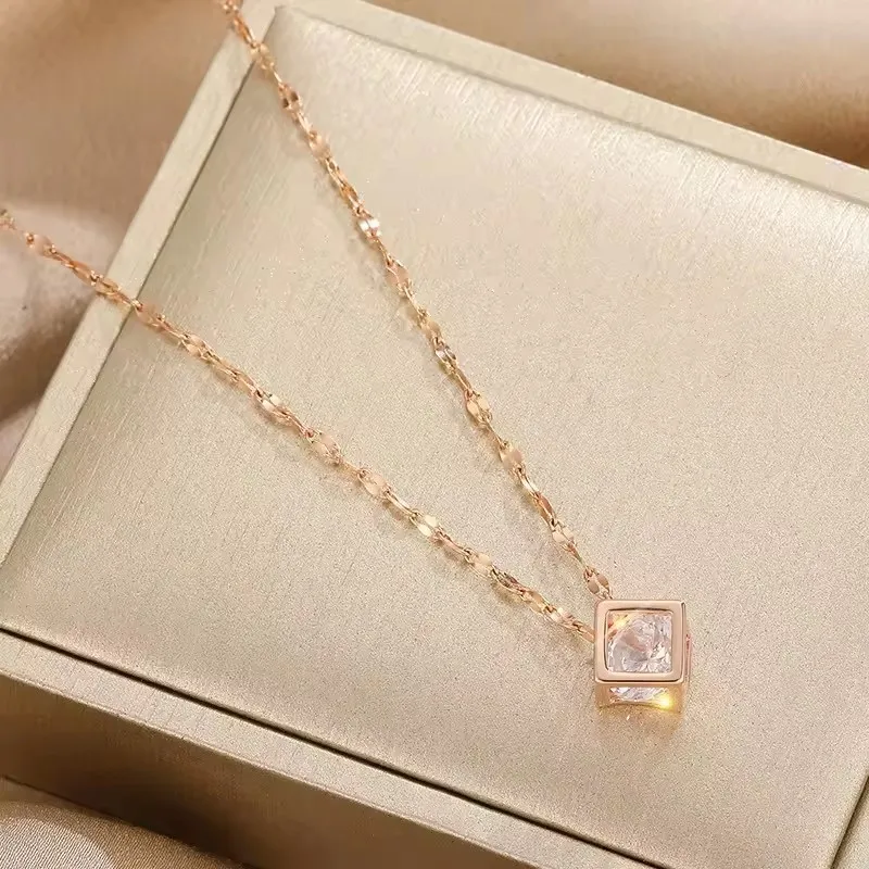 Crystal Inside Hollow Square Stainless Steel Necklace For Women - Image 2