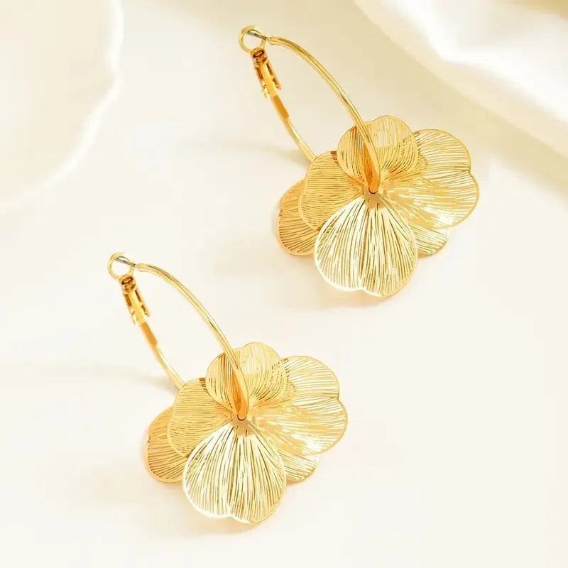 Exaggerate Golden Alloy Flower Big Hoop Earrings - Image 3