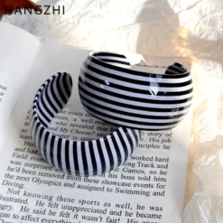 Retro Black White Striped Geometric Wide Thick Resin C Shape Open Bangle