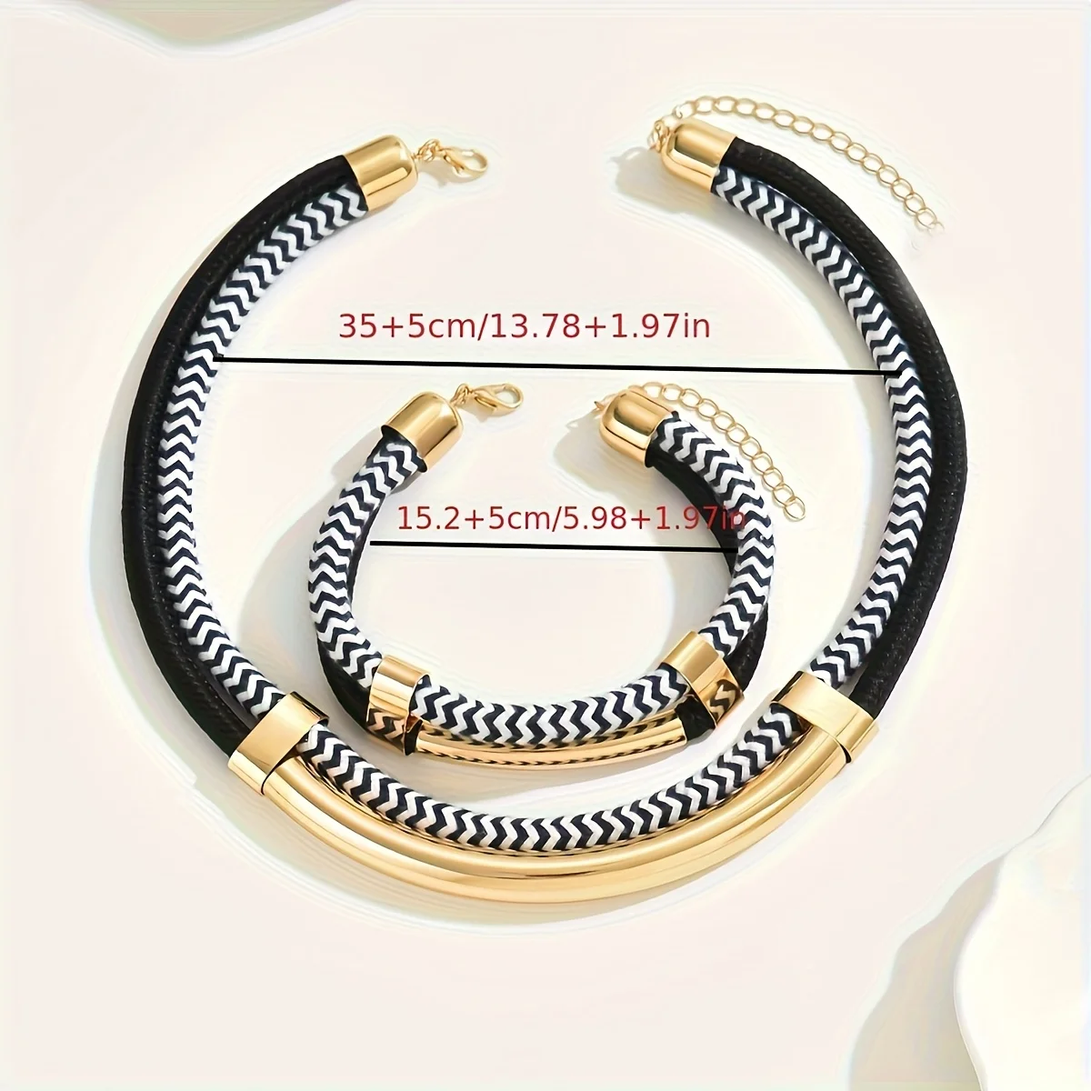 Black & White Double Line Metal Tube Necklace & Bracelet Set (2PCS) - Image 5