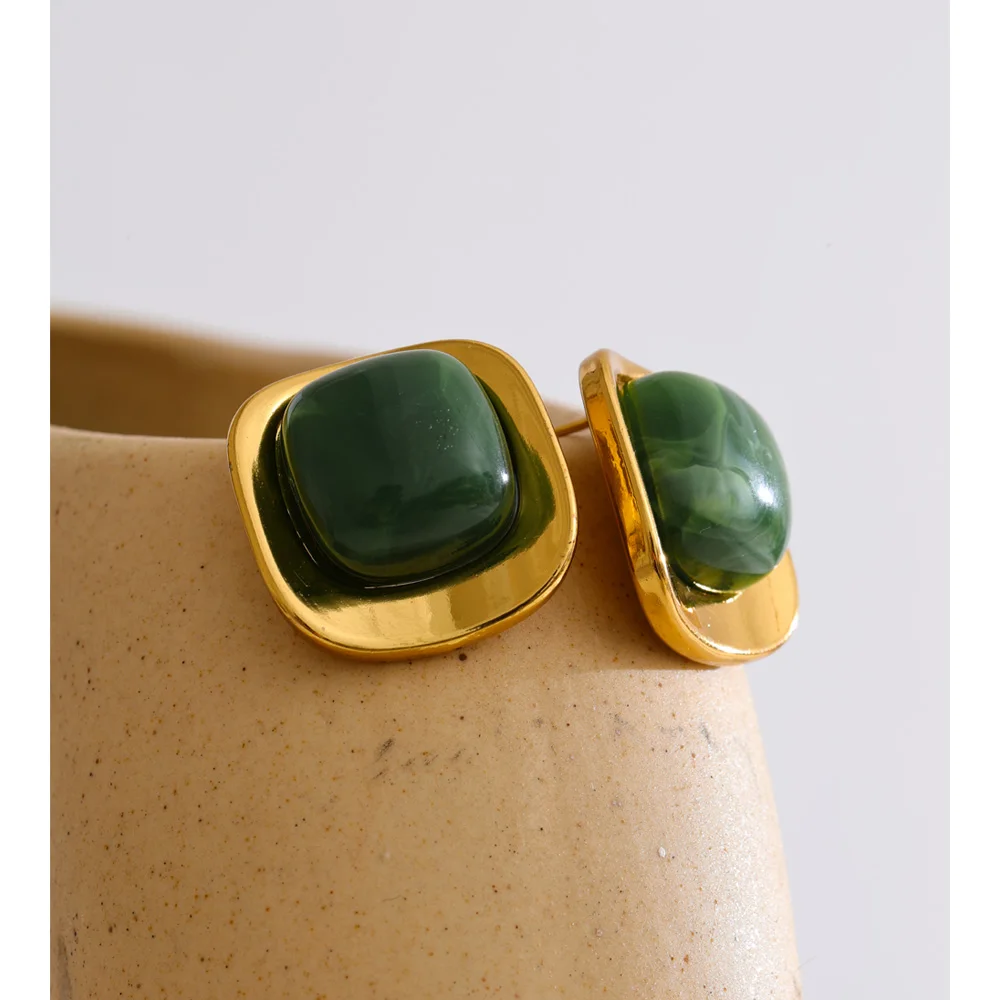 White & Green Resin Square Stud Earrings, 18K Gold PVD Plated Stainless Steel - Image 5