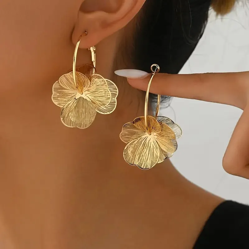 Exaggerate Golden Alloy Flower Big Hoop Earrings
