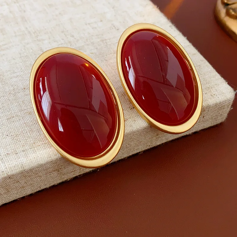 Vintage Red Resin Women's Earrings Stud Earrings Luxury large Geometric Oval earrings - Image 4