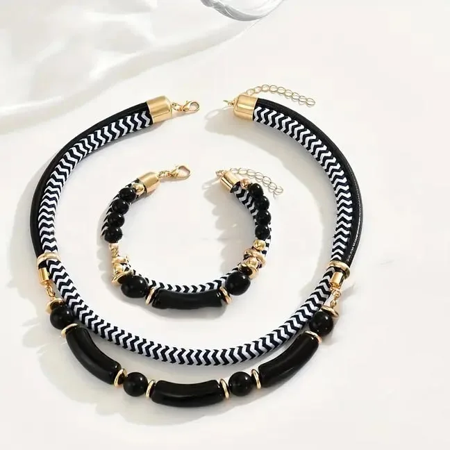 Black & White Double Line Metal Tube Necklace & Bracelet Set (2PCS) - Image 8
