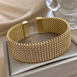 Stainless Steel Braided Mesh Open Bracelet Classic Cuff Waterproof Jewelry