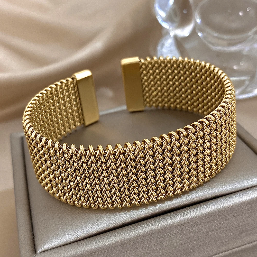 Stainless Steel Braided Mesh Open Bracelet Classic Cuff Waterproof Jewelry