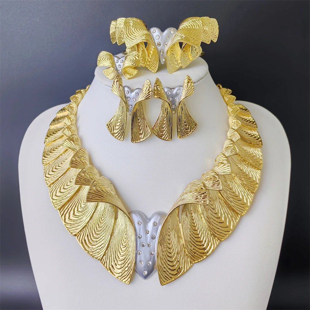 African Gold Color Big Jewelry Set Exaggerated Statement Large Necklace Bracelet