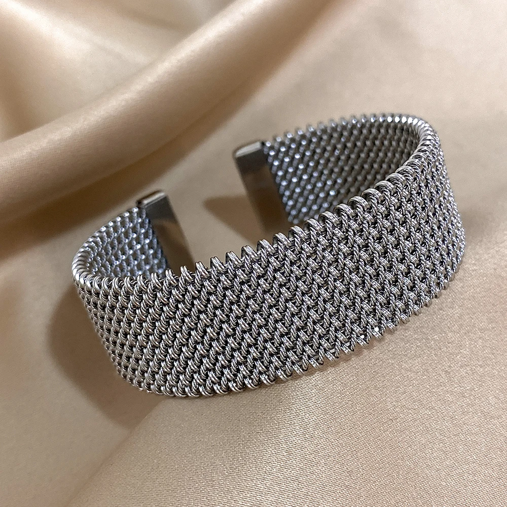Stainless Steel Braided Mesh Open Bracelet Classic Cuff Waterproof Jewelry - Image 6