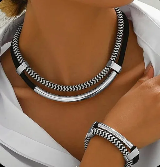 Black & White Double Line Metal Tube Necklace & Bracelet Set (2PCS) - Image 7