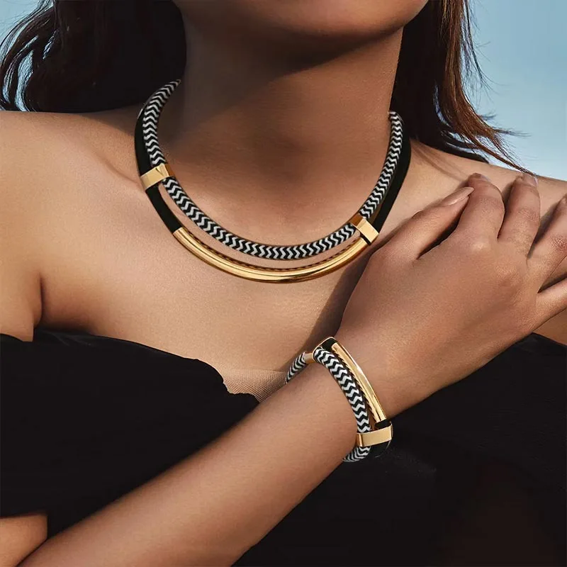 Black & White Double Line Metal Tube Necklace & Bracelet Set (2PCS) - Image 4