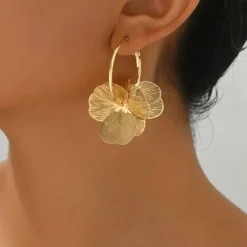 Alternative view of Exaggerate Golden Alloy Flower Big Hoop Earrings
