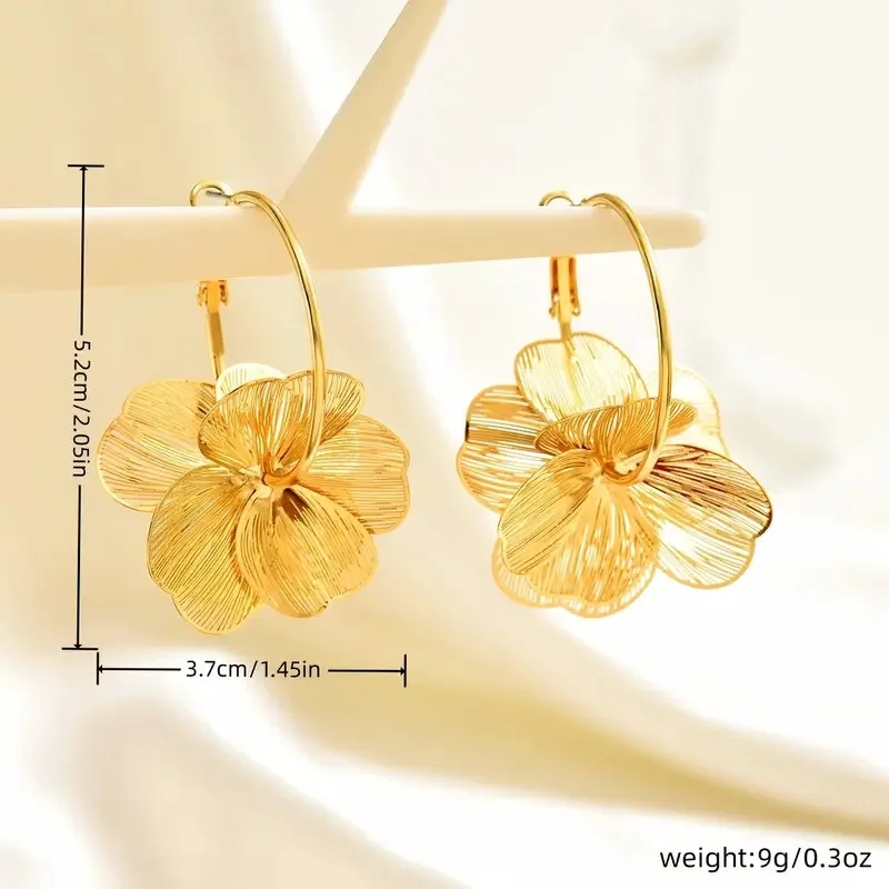 Exaggerate Golden Alloy Flower Big Hoop Earrings - Image 5