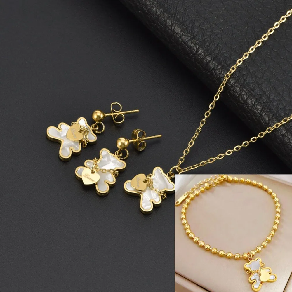 3-Piece Bear Charm Stainless Steel Jewelry Set - Image 5