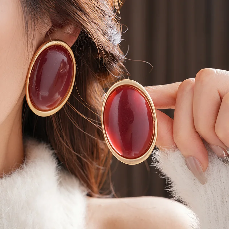 Vintage Red Resin Women's Earrings Stud Earrings Luxury large Geometric Oval earrings