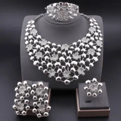 Elegant Dubai Silver-Plated Jewelry Set – Necklace, Bracelet, Earrings & Ring for Women